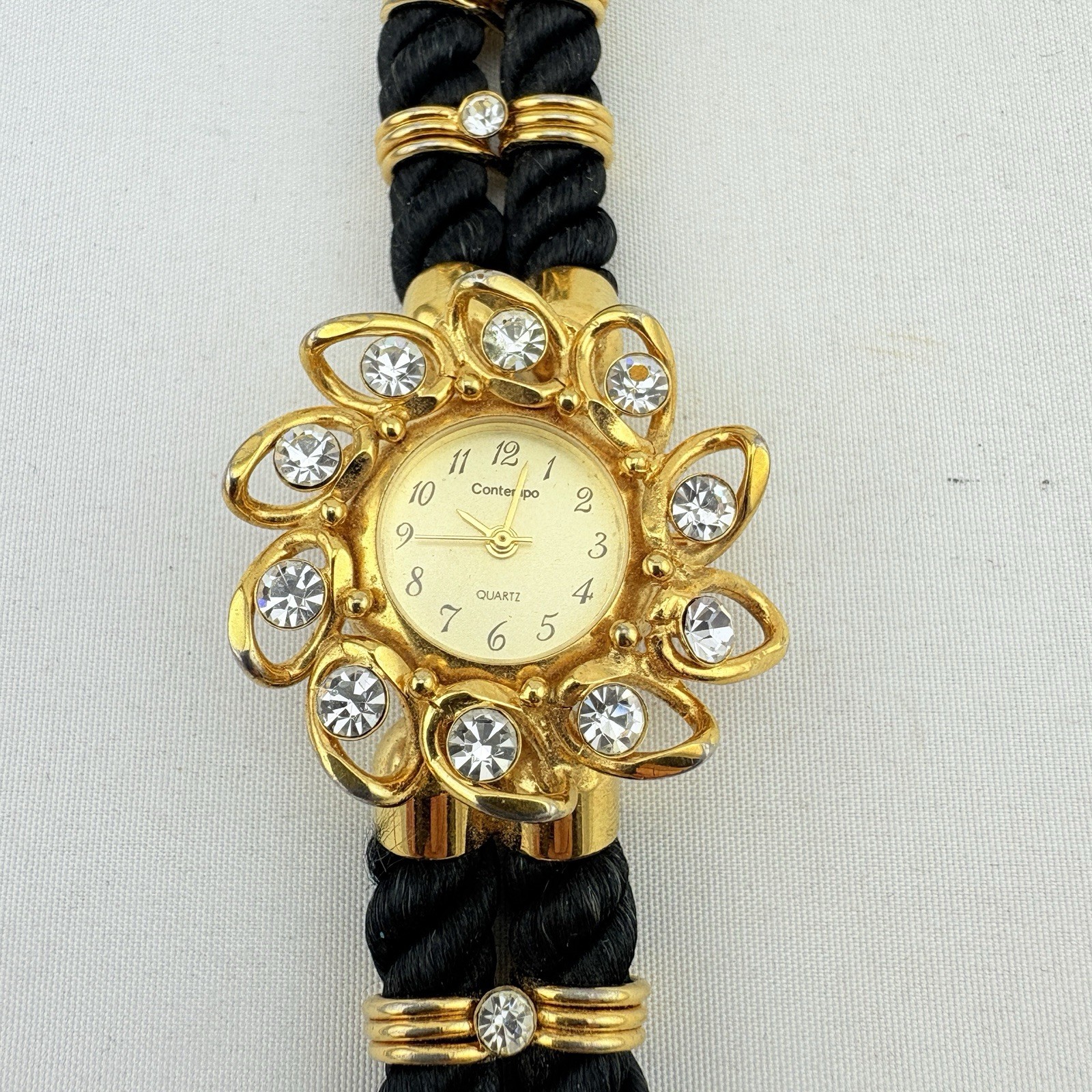 Women Contempo Quartz Watch Black Cord Bracelet Band Gold Case Clear Cz Stones