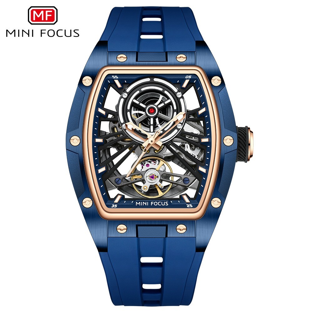 MINI FOCUS Men’s Tonneau Skeleton Flywheel Silicone Automatic Mechanical Watch