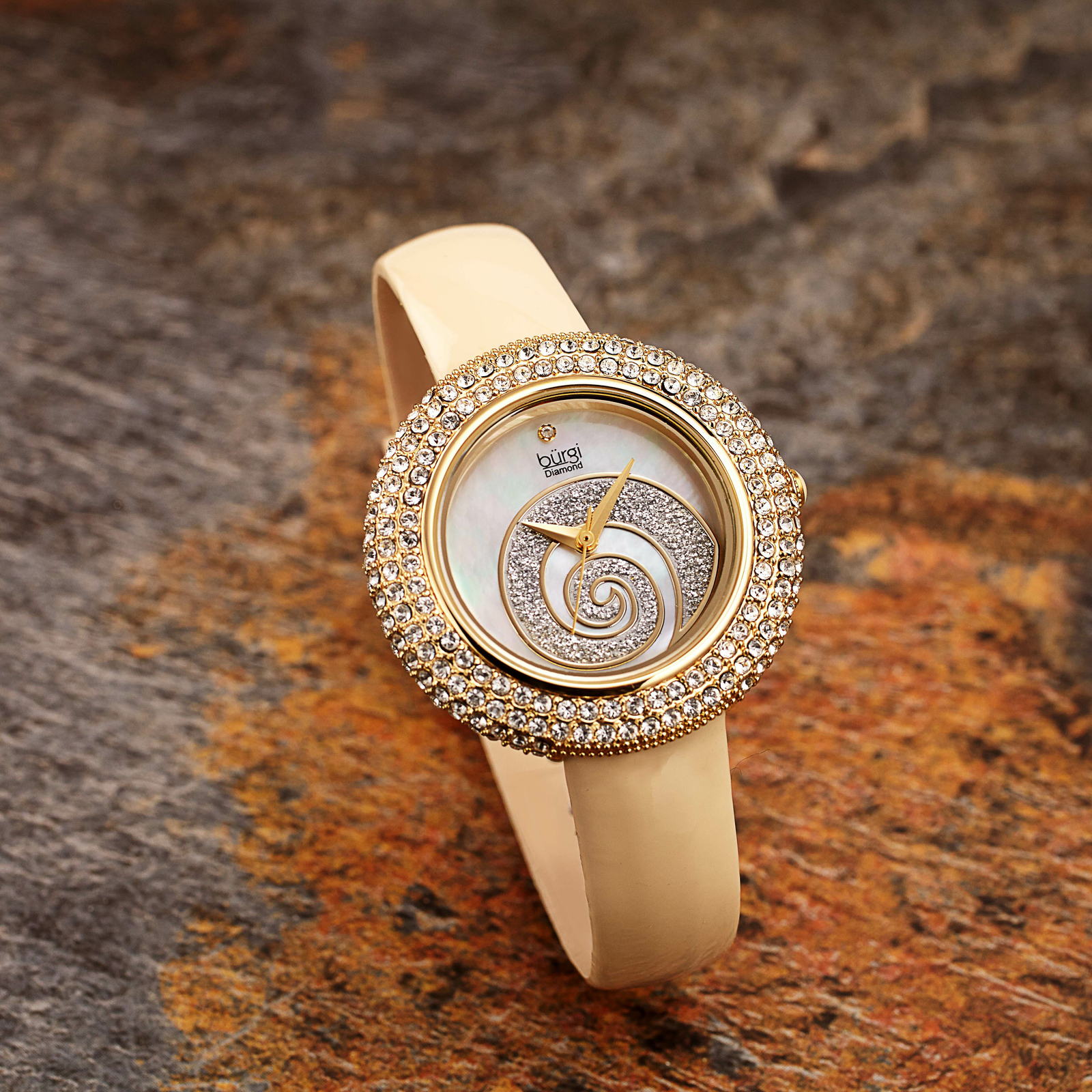 Women’s Burgi BUR209YG Swarovski Crystal Diamond Sparkle Blush Leather Watch