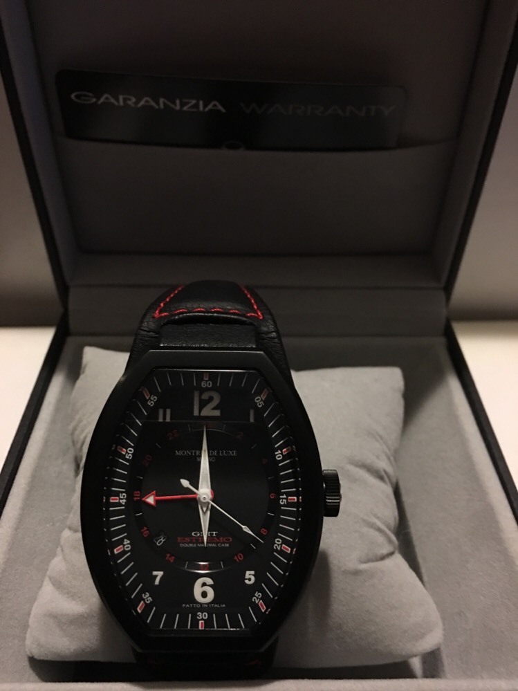 Montres De Luxe Mens GMT Estremo Black white red Tonneau Leather Watch NEW