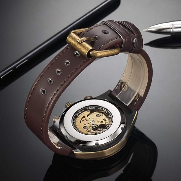 Luxury Men’s Automatic Mechanical Wrist Watch Leather Strap Retro Skeleton Dial