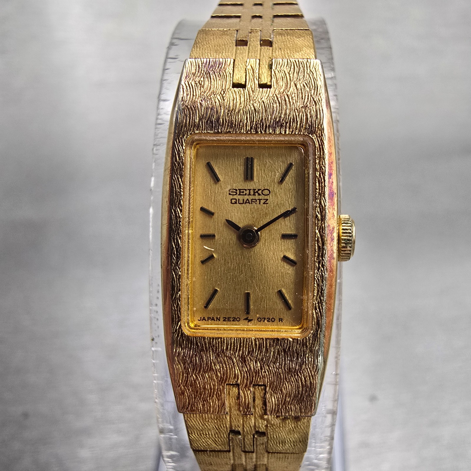 Seiko Watch Women 12mm Gold Dial Gold Tone Rectangle 2E20-5559 New Battery VTG