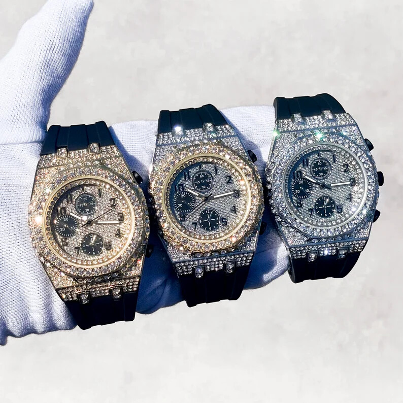 HIP HOP ICED SILICONE BAND LUXURY SIMULATED DIAMOND BLING OCTAGON BEZEL WATCH