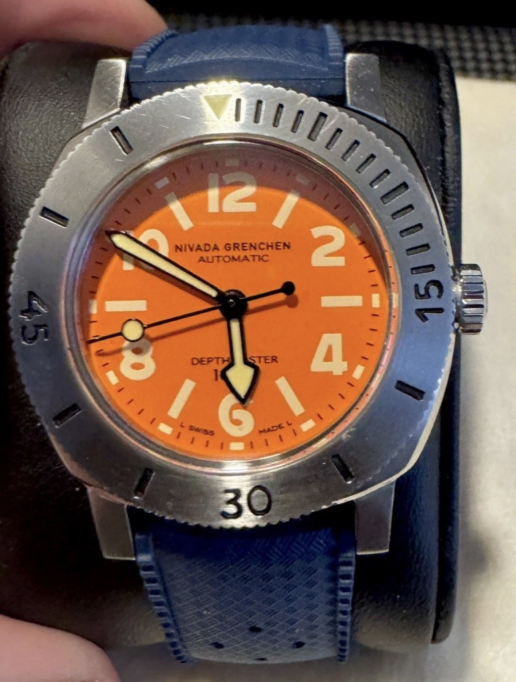 NIVADA GRENCHEN DEPTHMASTER SWISS AUTOMATIC DIVE WATCH ORANGE DIAL FULL SET