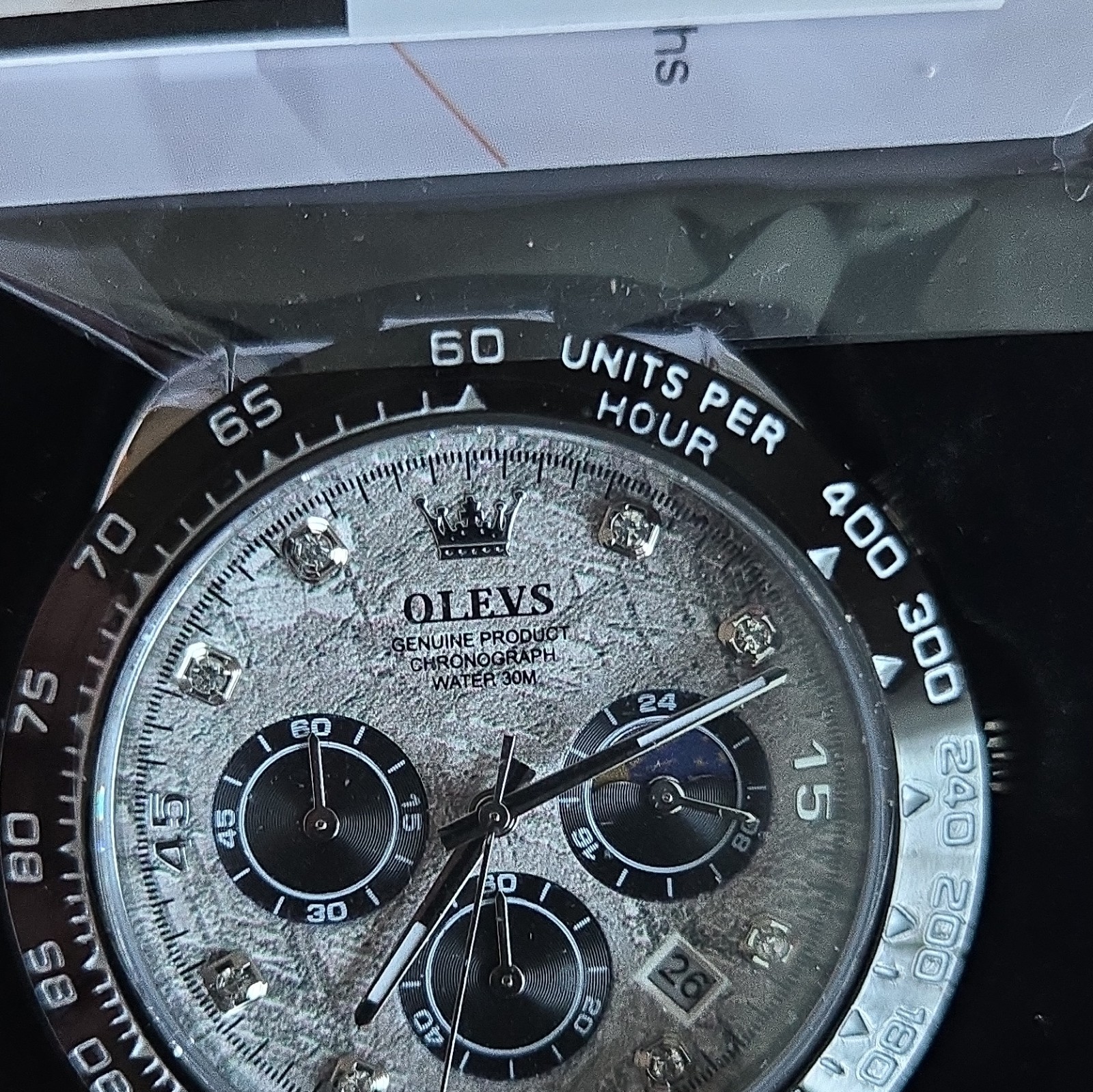 OLEVS Chronograph Men’s Quartz Watch Silver/Black Dial Tachymeter 30m Box