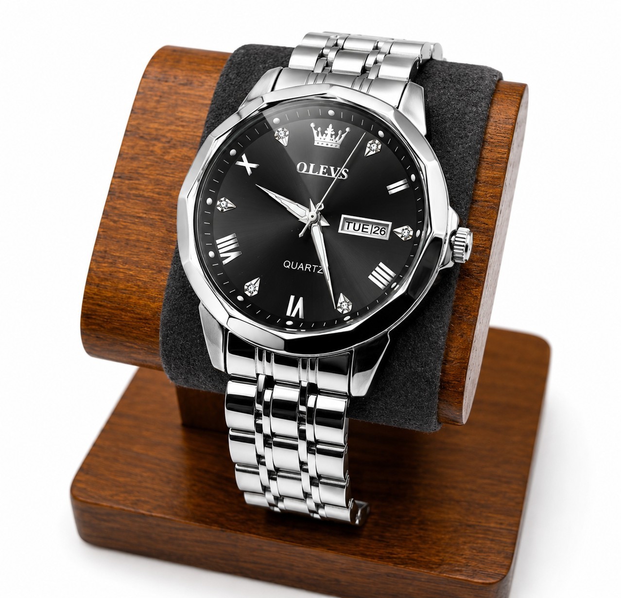 OLEVS 9931 Men’s Quartz Watch Black Sunburst Dial Stainless Steel Day Date