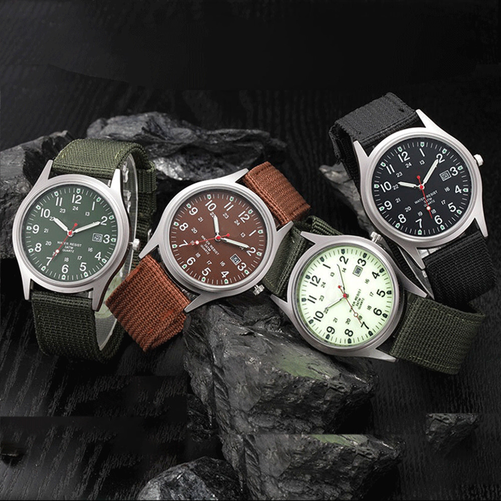2x Men’s Army Luminous 24-Hour Dial Nylon Strap Date Quartz Watch green and bule