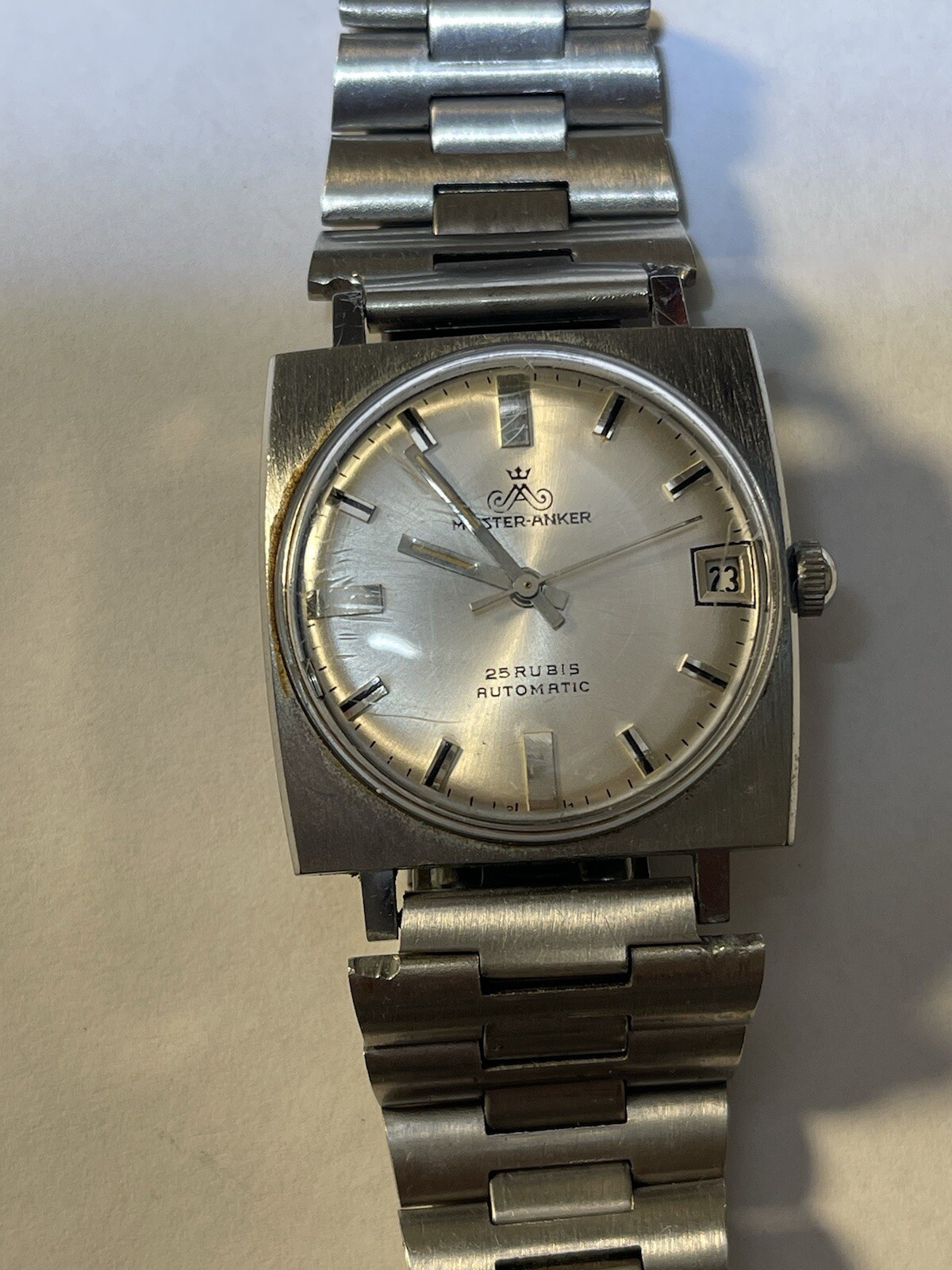 Meister Anker 1960s Auto Silvertone Bracelet Watch 25 Jewels Date- Runs See Note