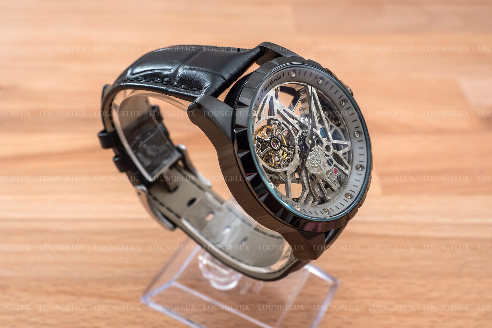 Mens Skeleton Automatic Mechanical Watch – Black Grey Dial Black Leather Strap
