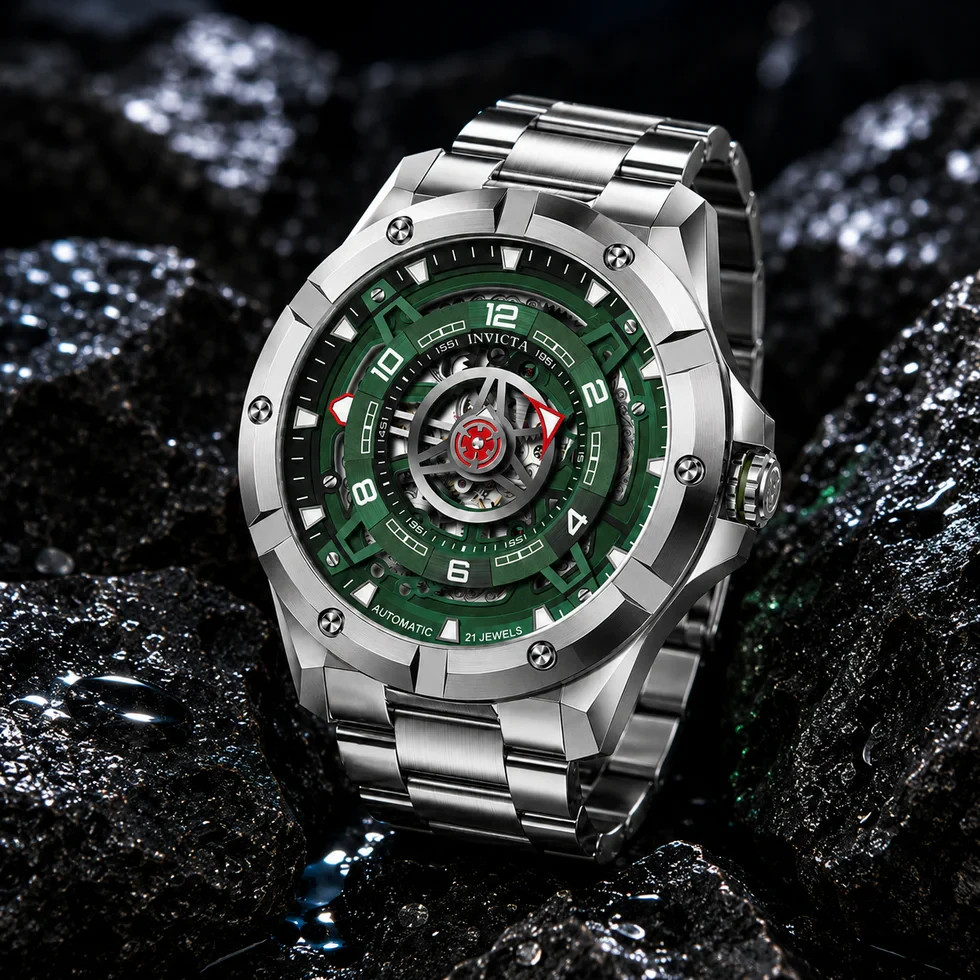 Invicta Racing Interpoint Men’s Automatic Watch 43.5mm, Steel/Green (70083)