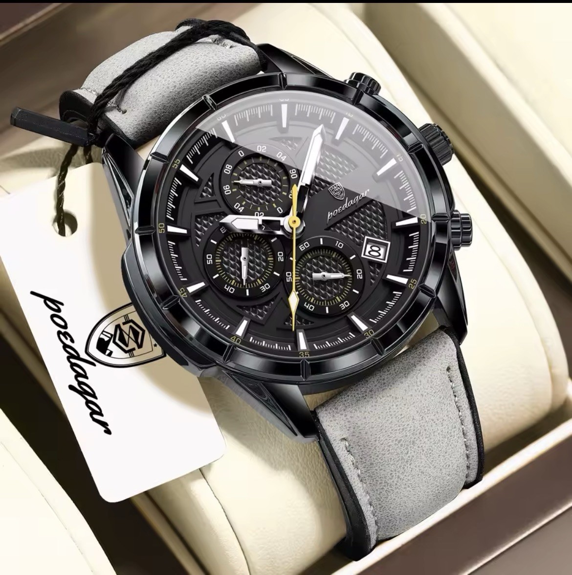 posdaar Men’s Quartz Watch Brown Dial Date Luminous 3ATM Leather Strap 44-47mm