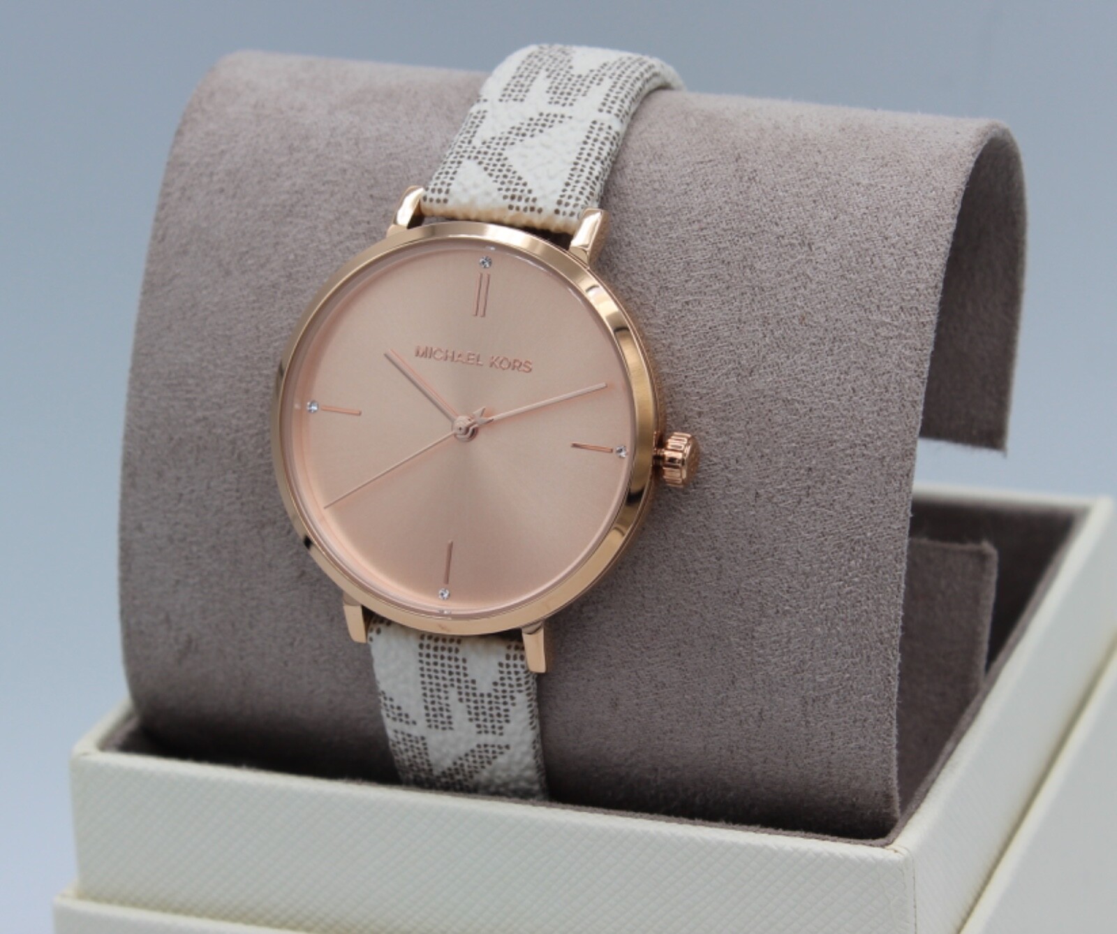 NEW AUTHENTIC MICHAEL KORS JAYNE VANILLA WHITE ROSE GOLD PVC WOMENS MK7128 WATCH