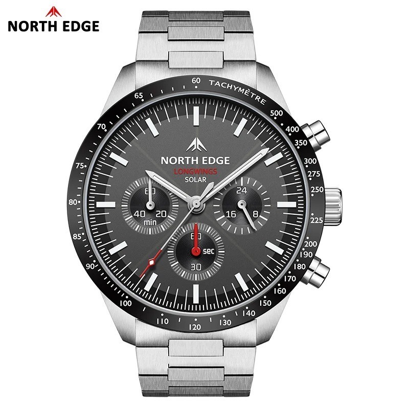 NORTH EDGE 2025 LONGWINGS Men Quartz Watch Solar Powered Stopwatch Waterproof 50