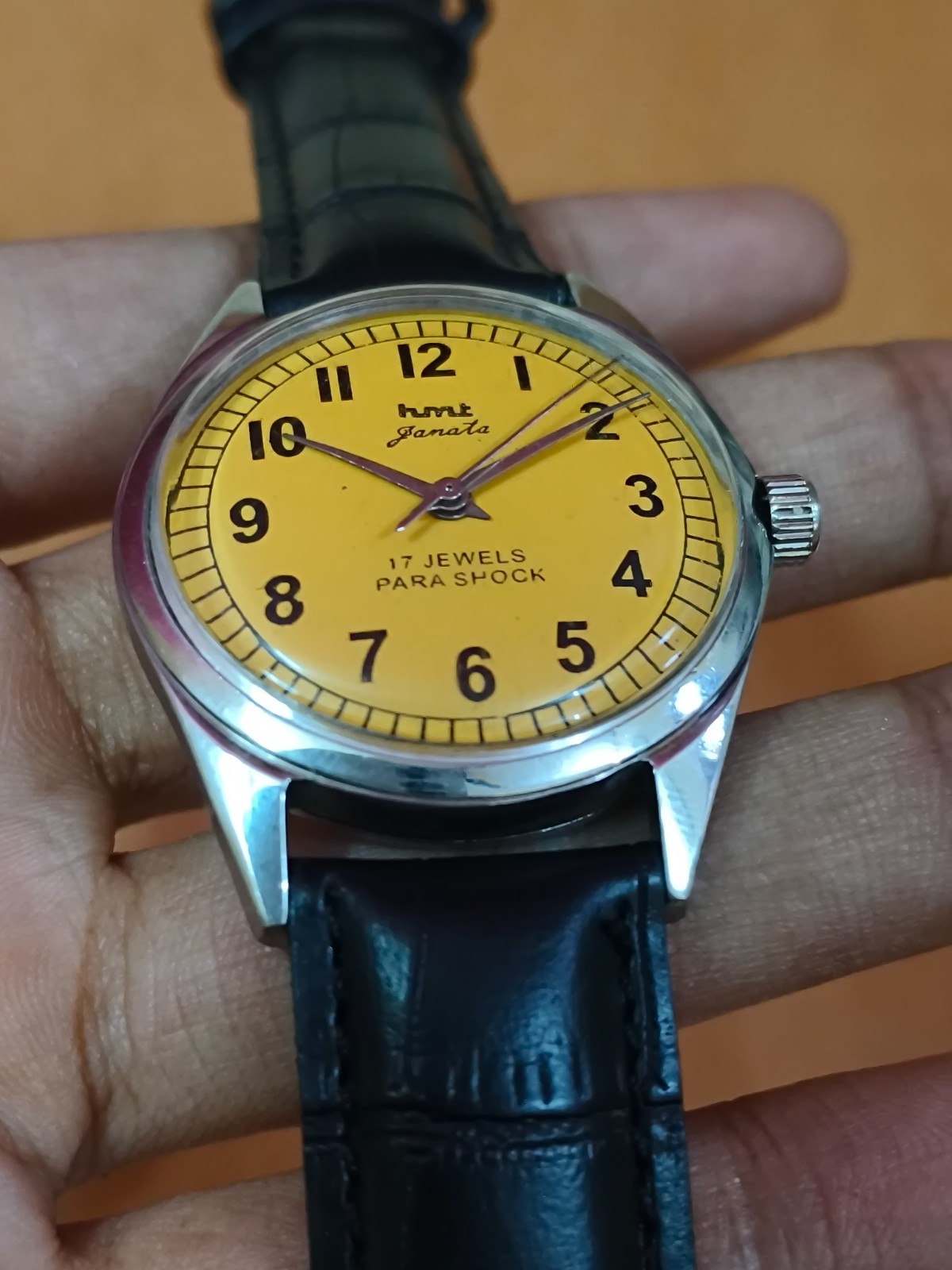 Vintage HMT Janata Yellow 17 Jewels Mechanical Hand Winding Mens Wrist Watch
