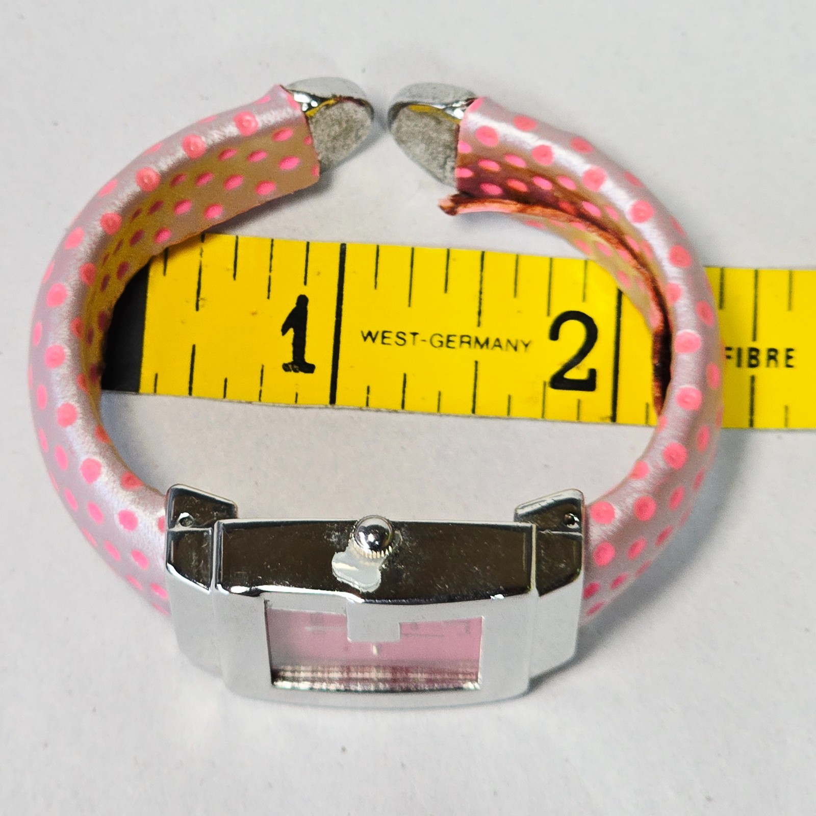 Geneva Bangle Watch Pink Polka Dot Quartz G Shape Bezel Vintage 2000s Retro