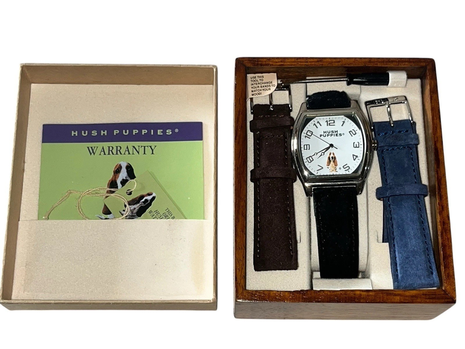 Vintage Hush Puppies Quartz Watch •Black Blue Brown Suede Bands NIB Very Rare