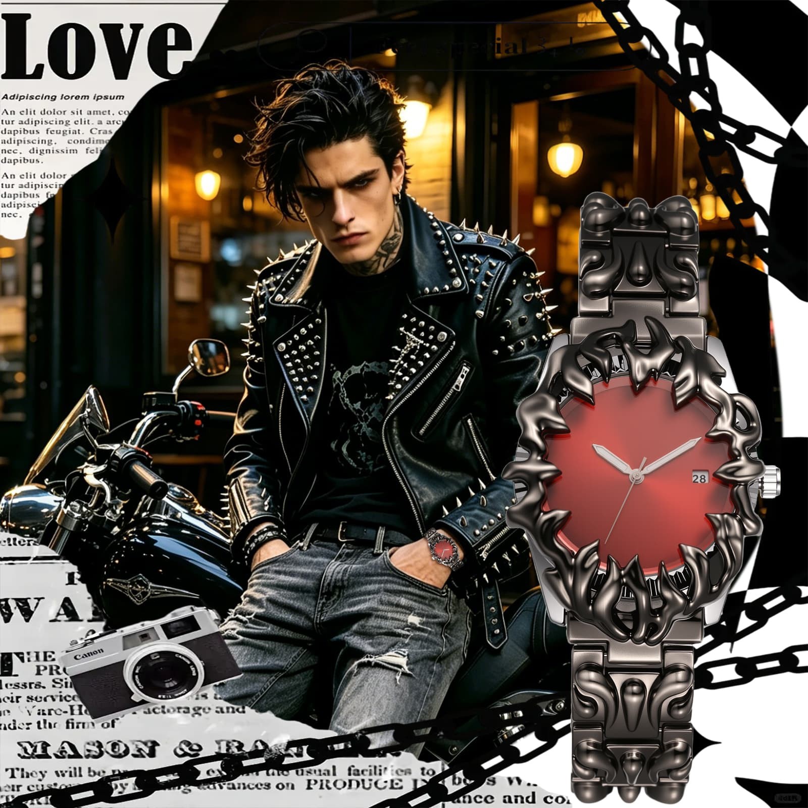 Men Punk Y2K Embossed Flame Adjustale Strap Date Luminous Wrist Watch for Party
