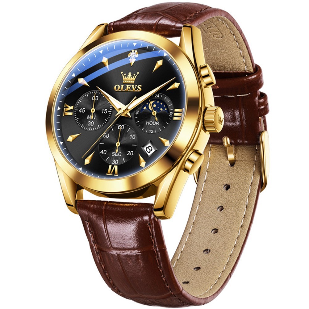 OLEVS 3609 Luminous Night Light Three Dial Japan Movement Leather Quartz Watch