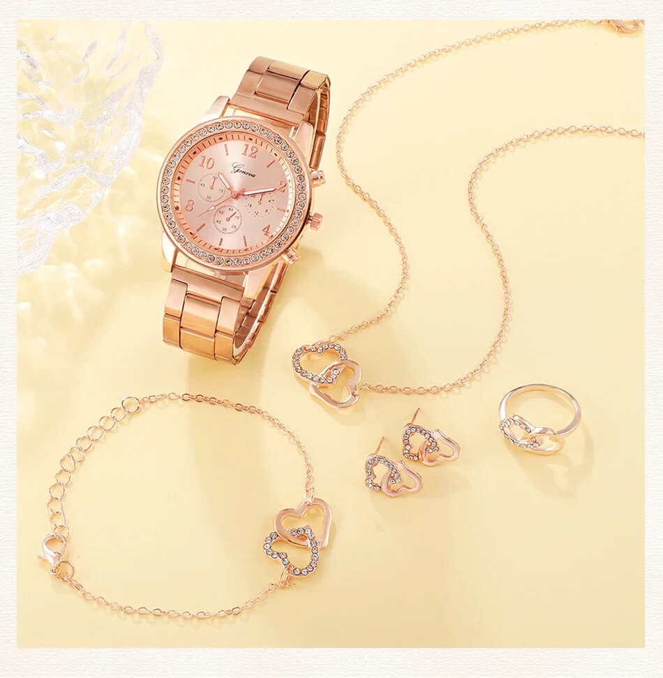 Women Girls 6 Pcs Set Rose Gold Watch Bracelet Necklace Earrings Ring