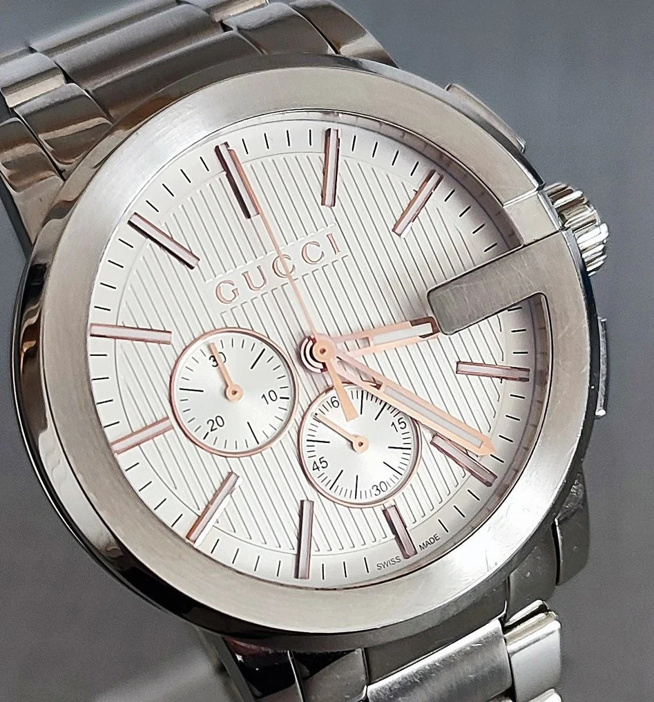 Gucci G Chronograph Silver Dial Silver Strap Watch For Men – Model # YA101201
