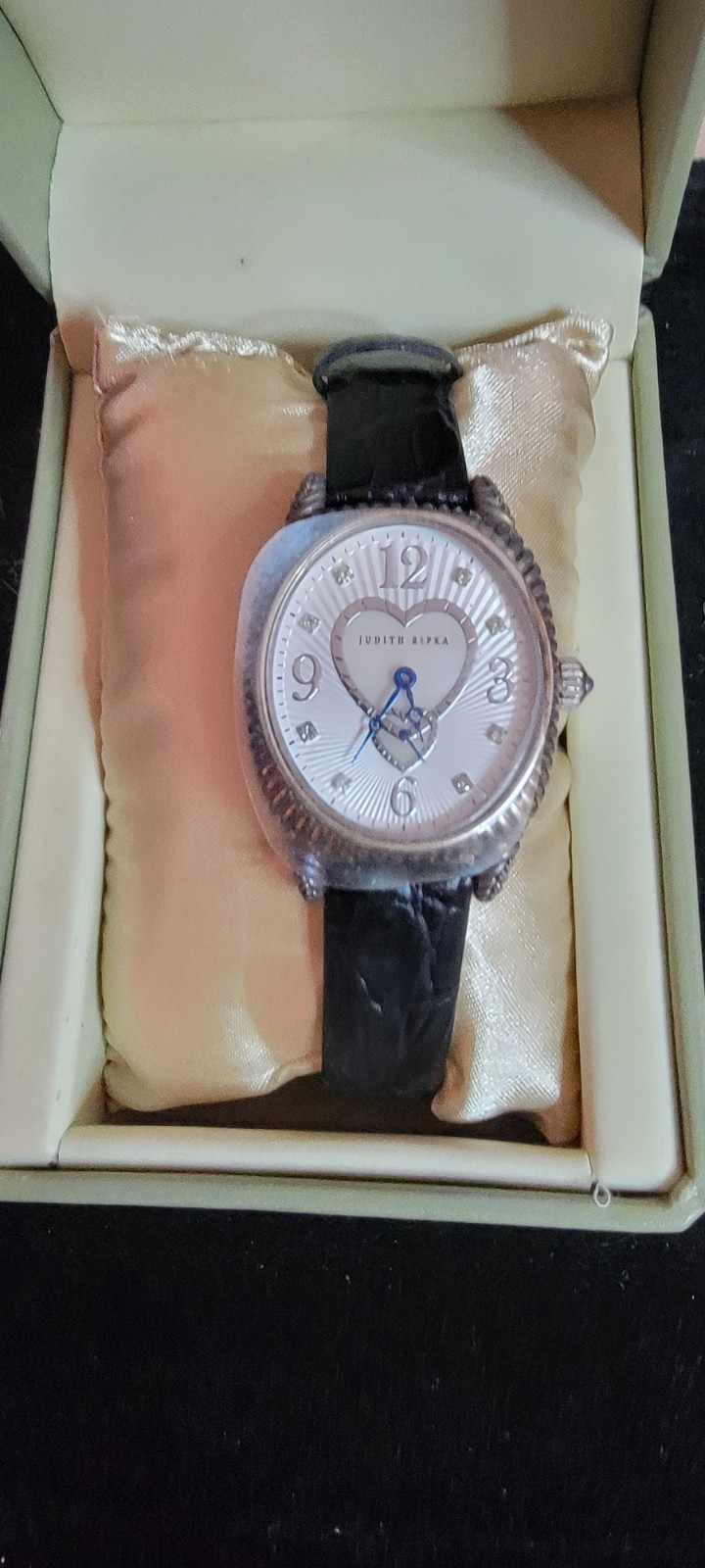 Judith Ripka Sterling MOP Hearts Dial Watch w/ Leather Band Deployment Clasp 61