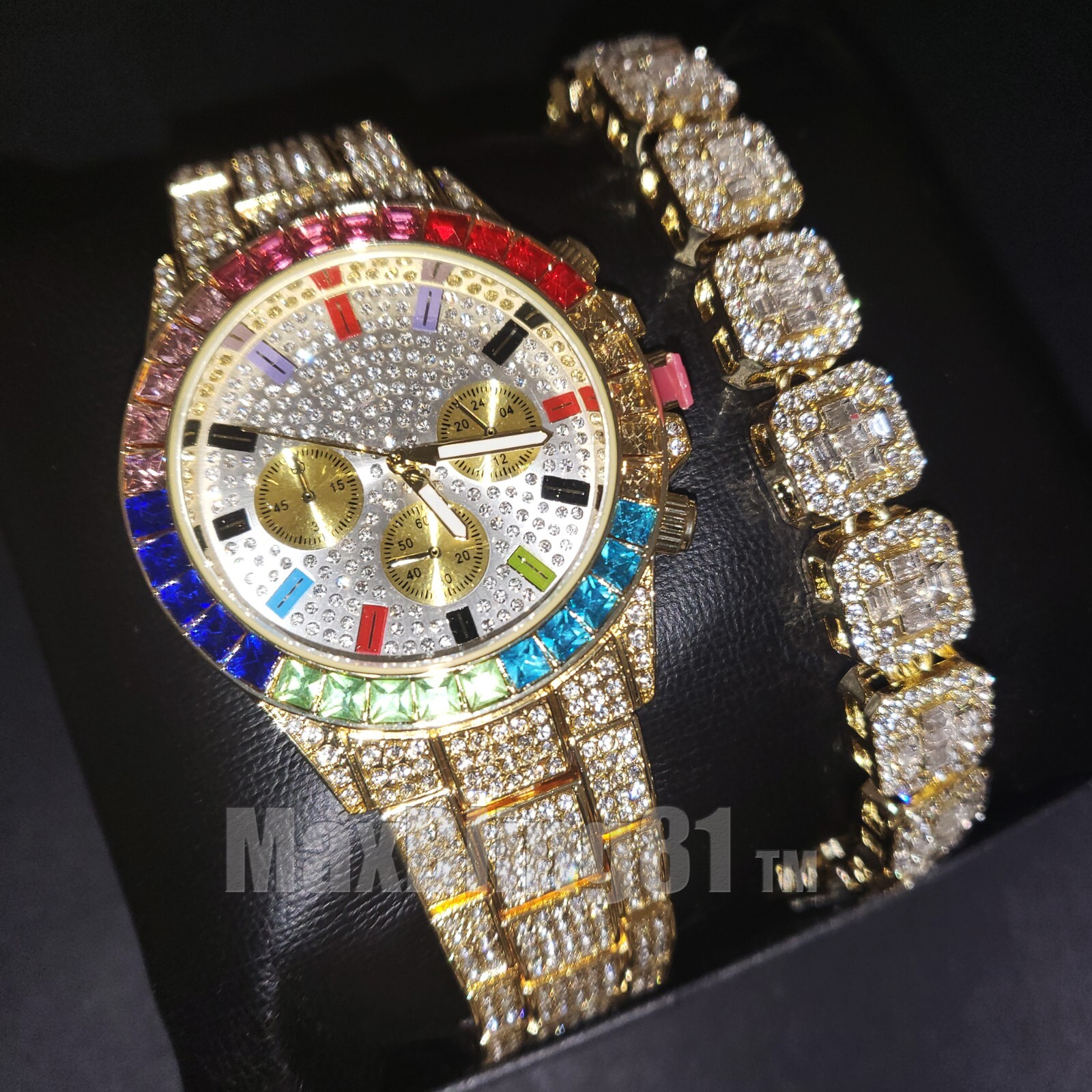 HIP HOP GOLD PLATED RAINBOW STONE ICED RAPPER WATCH & SIMULATED DIAMOND BRACELET