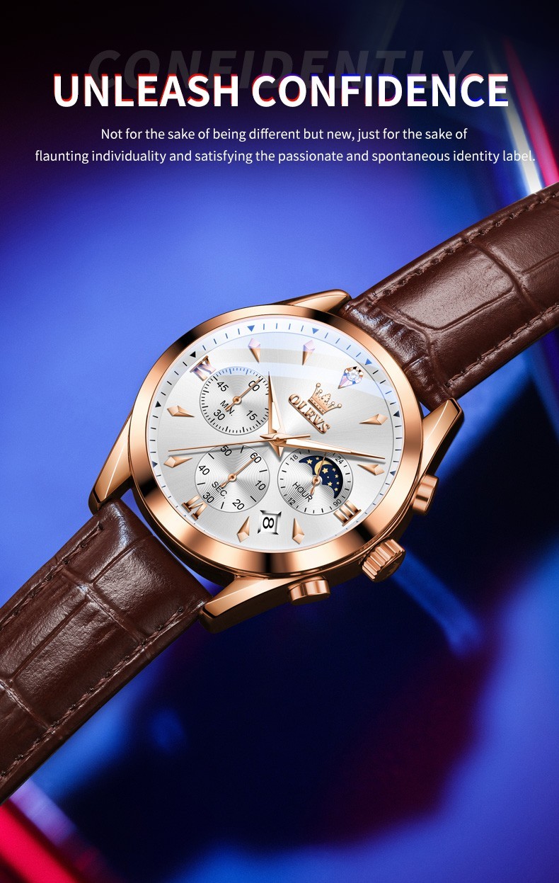 OLEVS 3609 Luminous Night Light Three Dial Japan Movement Leather Quartz Watch