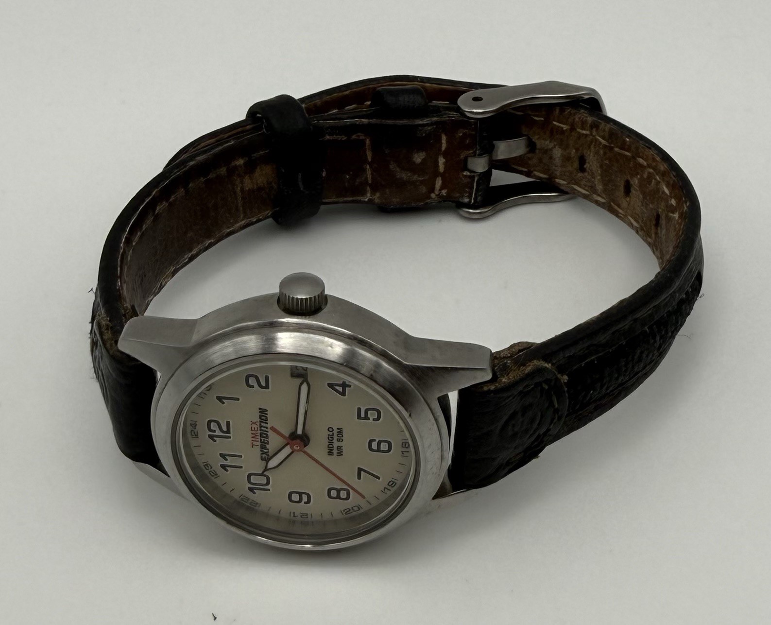 Timex Expedition Quartz Date 50m White Dial Silver Case Black Leather Strap