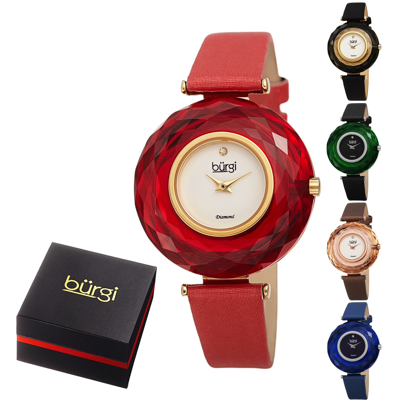 Women’s Burgi BUR52 Quartz Watch Color Faceted Crystal Diamond Marker Satin Str