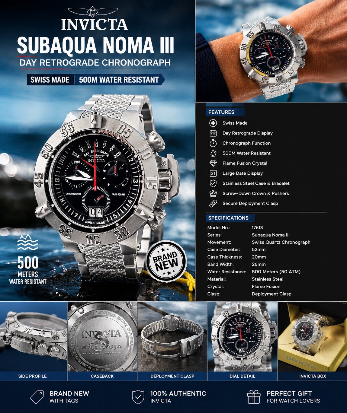 Invicta Subaqua Noma III Quartz Chronograph Date Black Dial 52mm 500m