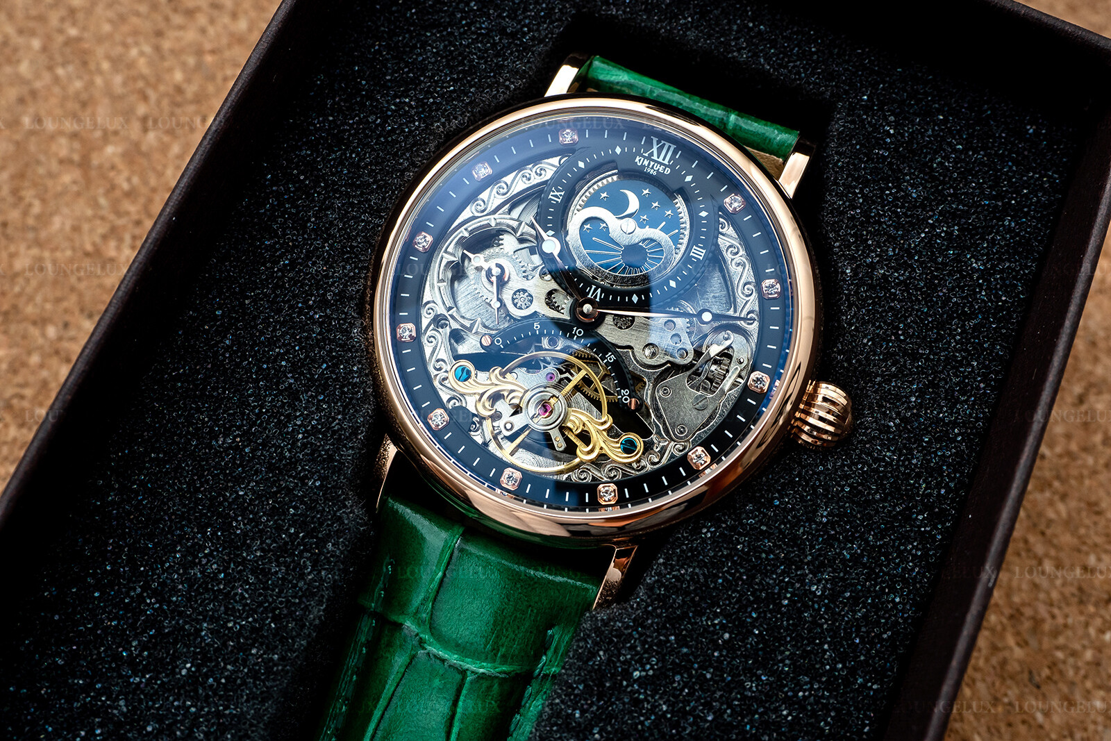 Mens Dual Time Automatic Mechanical Skeleton Watch Rose Gold Green Leather