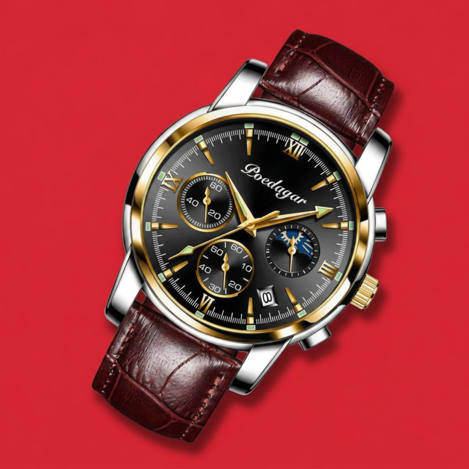 Men 42mm Quartz Black Dial Analog Gold Watch Date Brown Leather Strap Poedagar