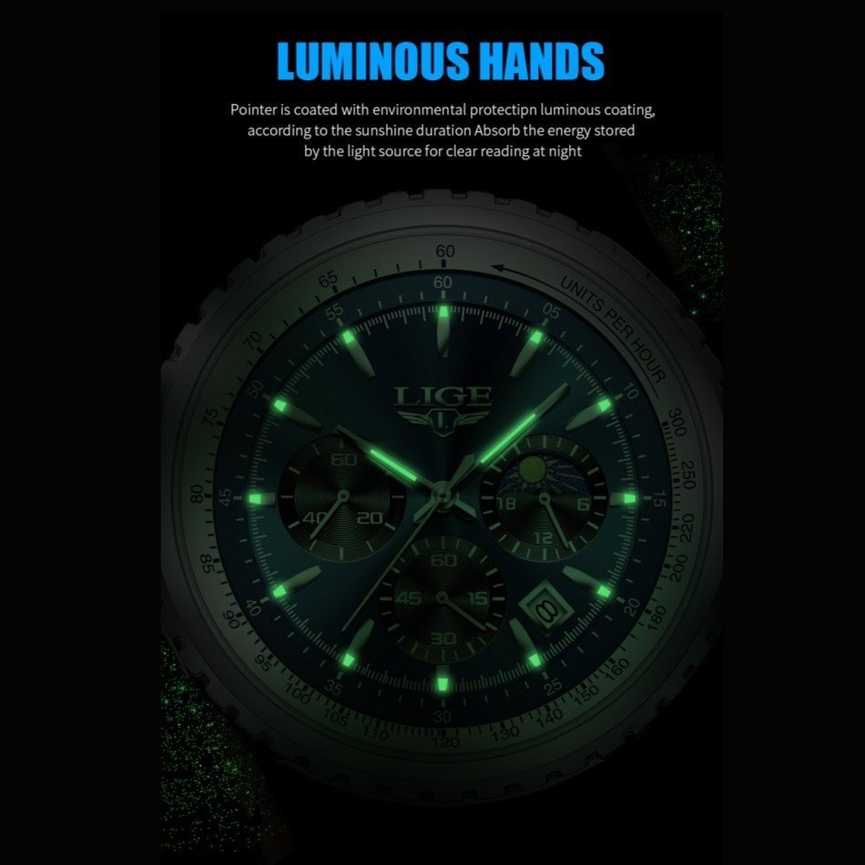 LIGE Men Watch Quartz Date Luminous Chronograph Waterproof Stainless Steel Watch