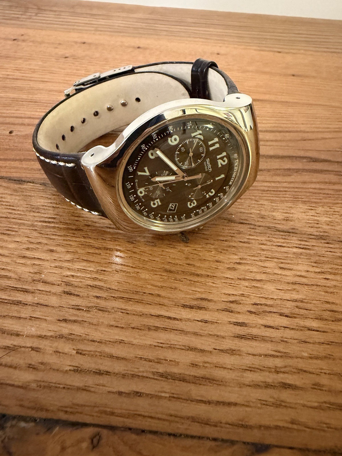 Swatch Irony Chronograph Quartz Tachymeter Date Black Dial Brown Leather