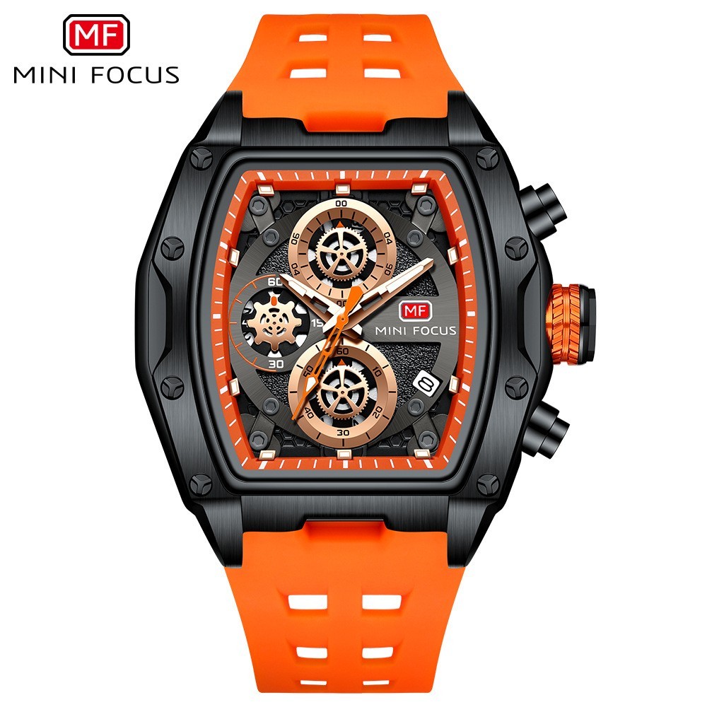 MINI FOCUS Men’s Tonneau Skeleton Multifunction Chronograph Sport Quartz Watch