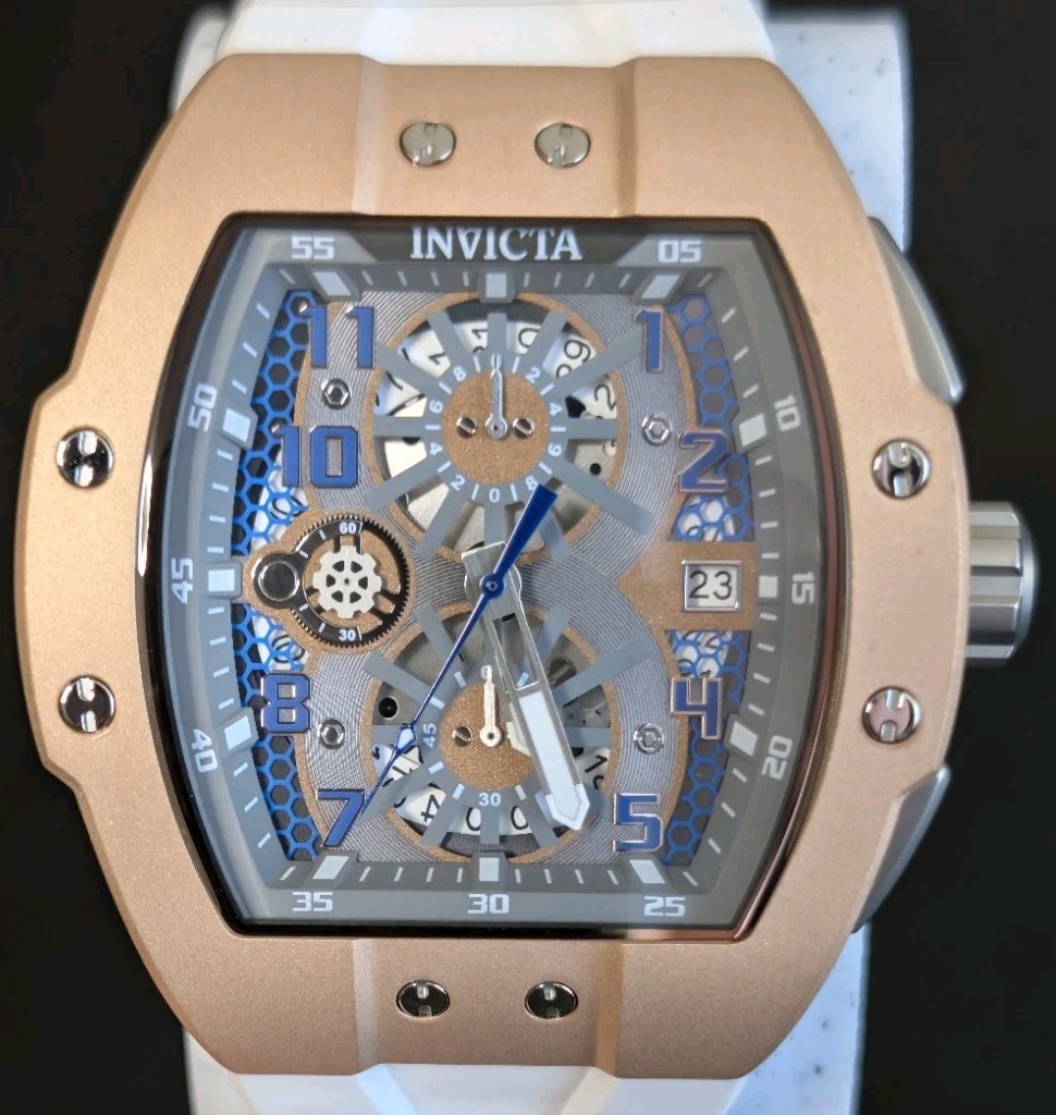 Invicta Racing Men’s Watch (Model 48028) Grey Dial Gold Case & White Strap 47mm