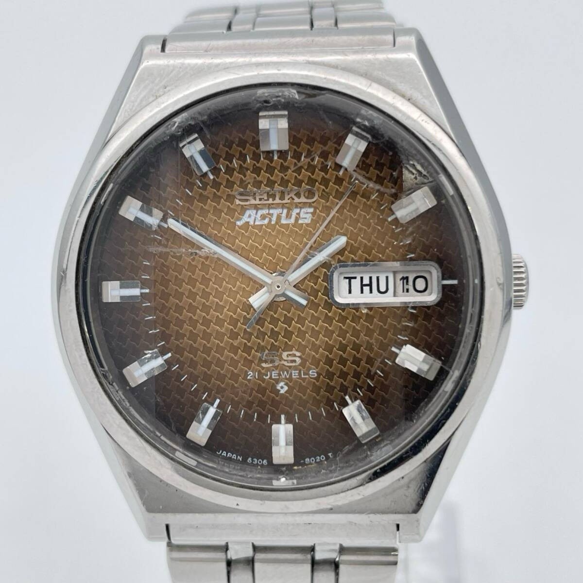 Vintage Seiko 5 Actus SS 21J 6306-8030 Brown Mosaic Dial Automatic Watch