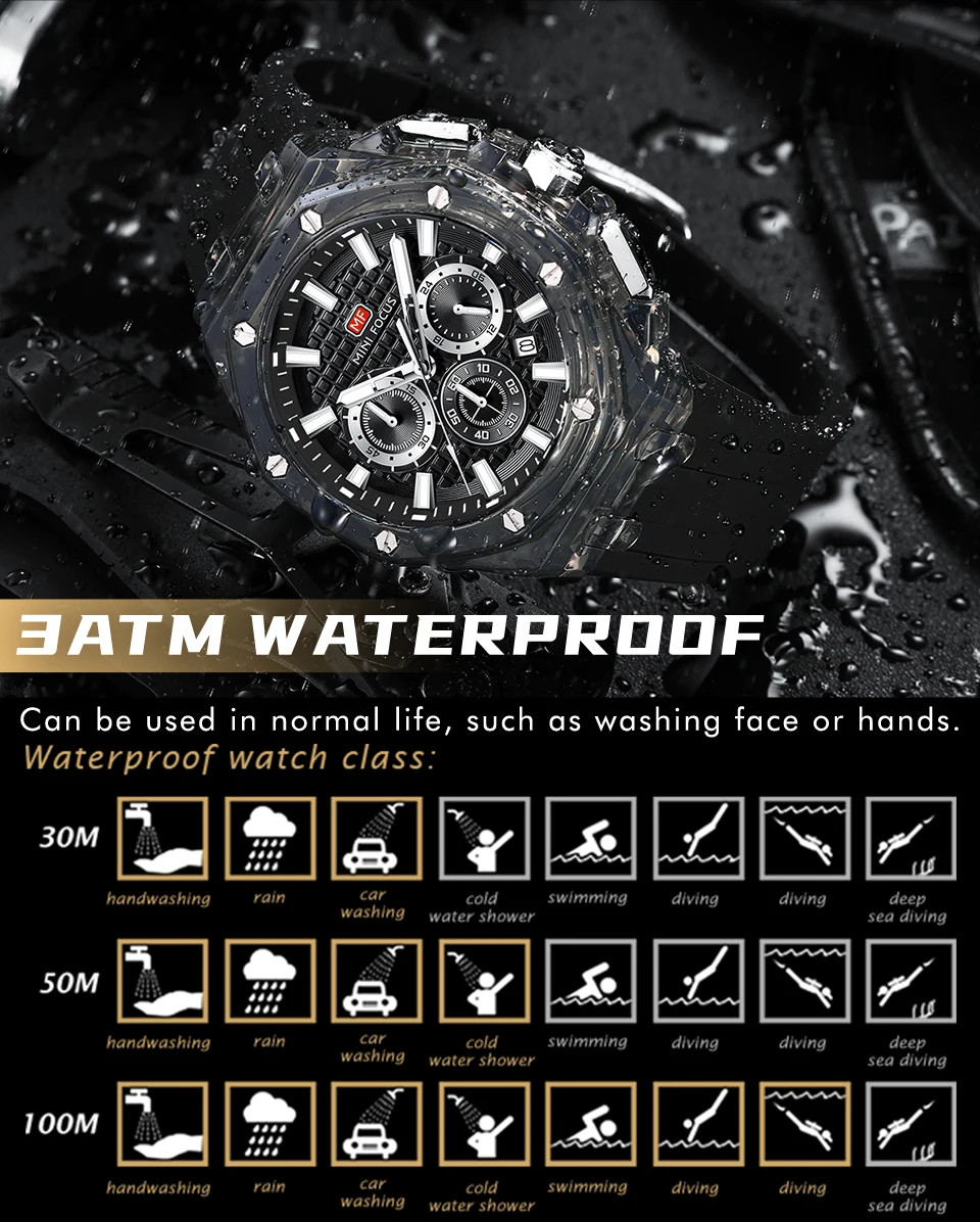 Multifunctional Men’s Transparent Case Quartz Watch Waterproof Luminous 0616G
