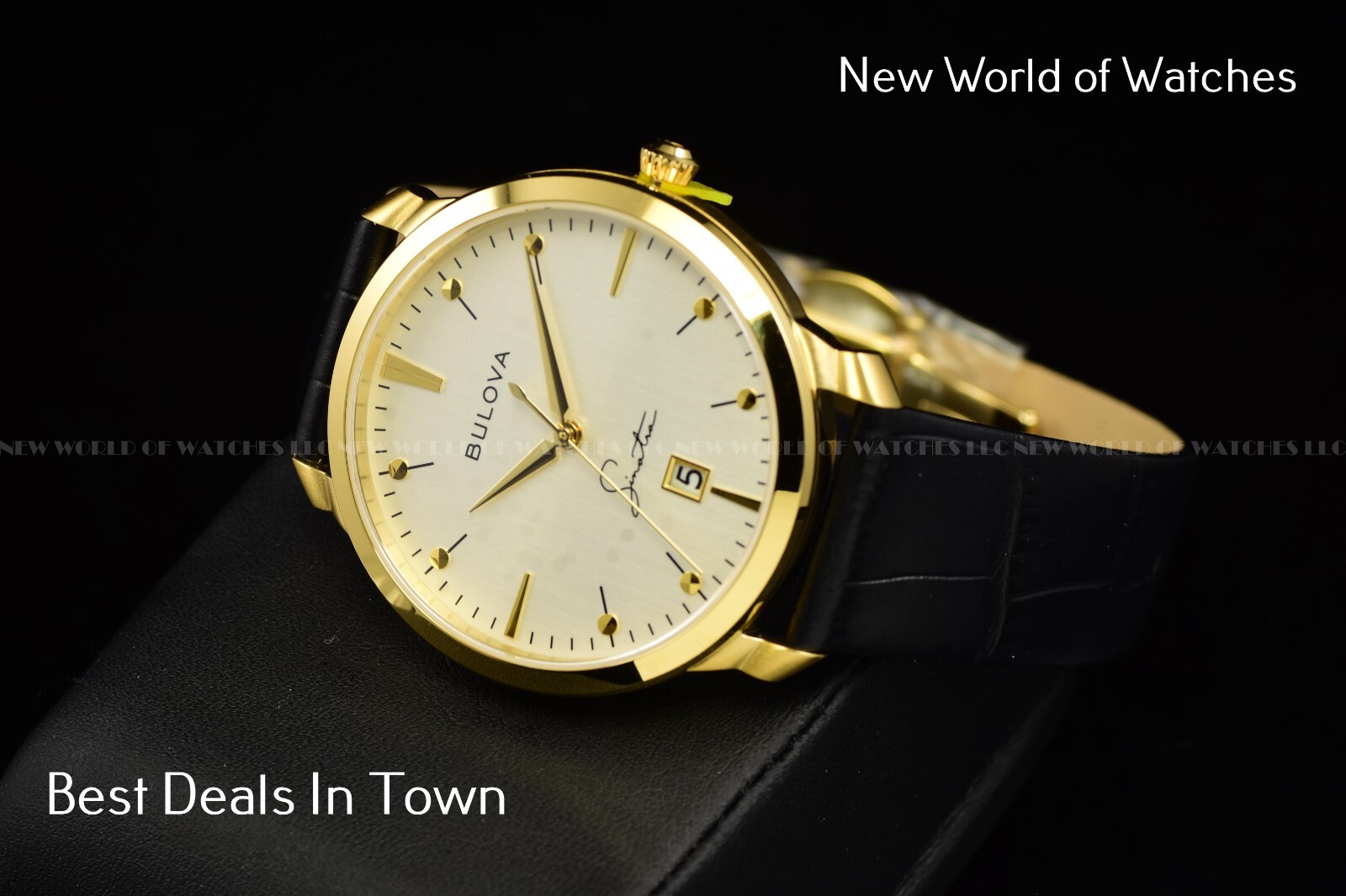 Bulova 97B204 Men’s Frank Sinatra Classic Gold Tone Watch Black Leather Band