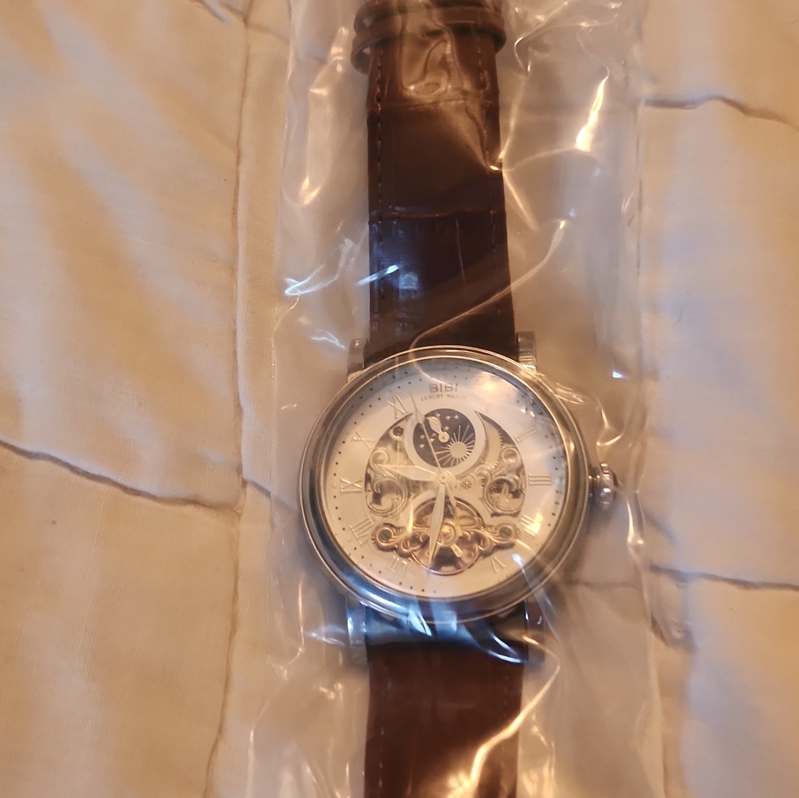 BIBI Luxury Automatic Skeleton Watch Silver Stainless Case Brown Leather Box