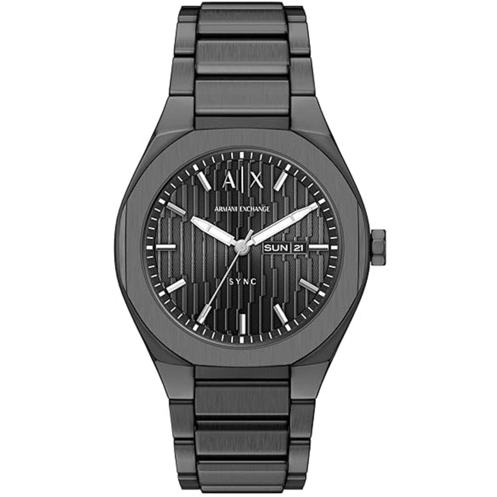 Armani Exchange Men’s Watch Sync Quartz Gunmetal Steel Bracelet Day-Date AX4300