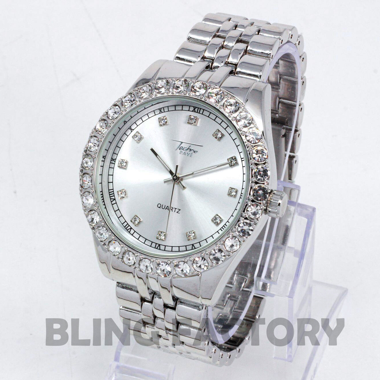 Luxury Hip Hop Lab Diamond Silver PT Bling Iced Metal Band Wrist Fashion Watch