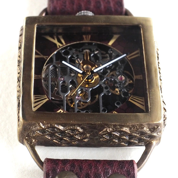 KINO Handmade Watch Automatic Wind Skeleton Mechanic Black Square Wine Brown K 1