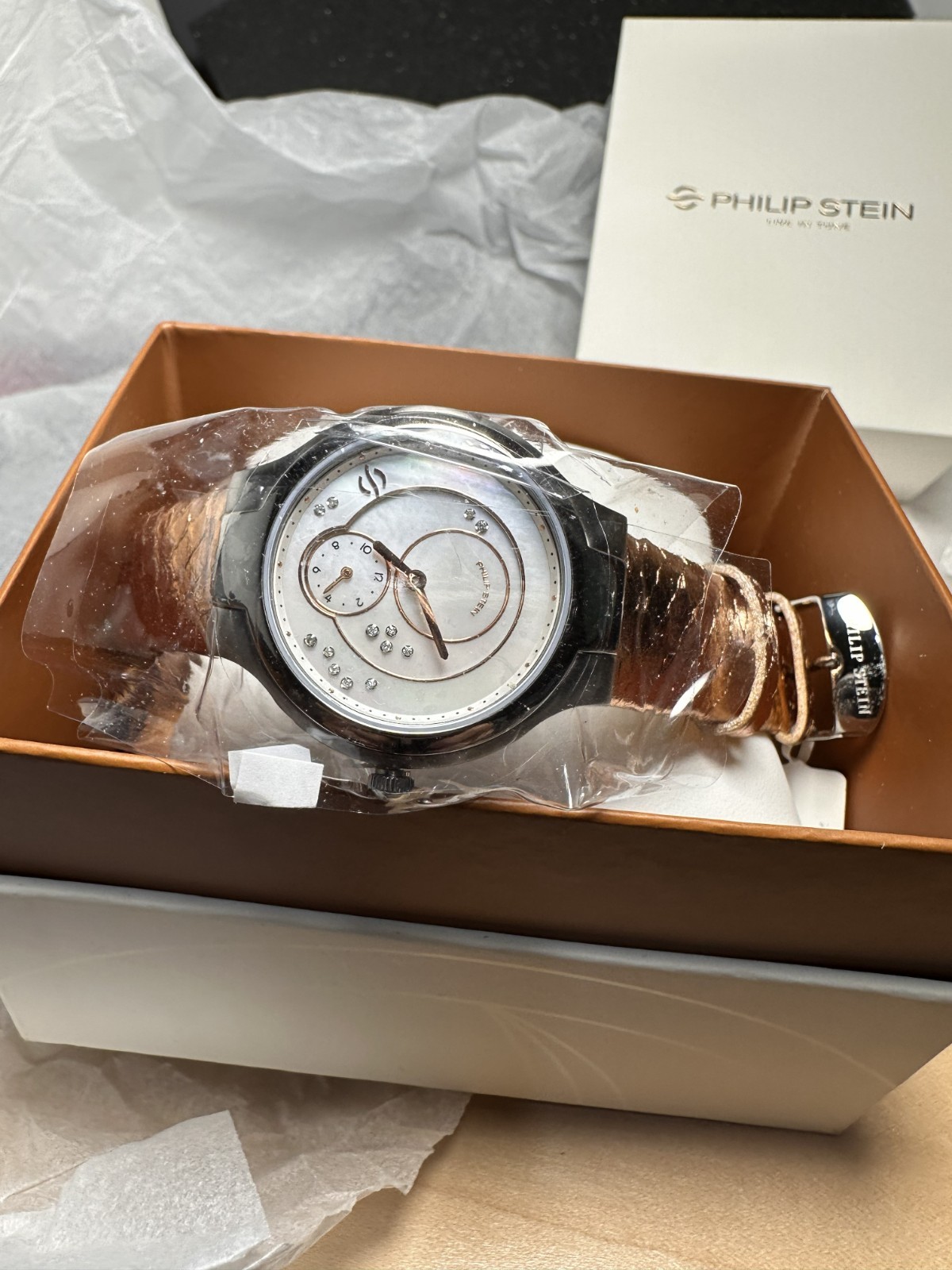 Phillip Stein Women’s Watch With Diamonds Bronze Snakeskin Band NIB