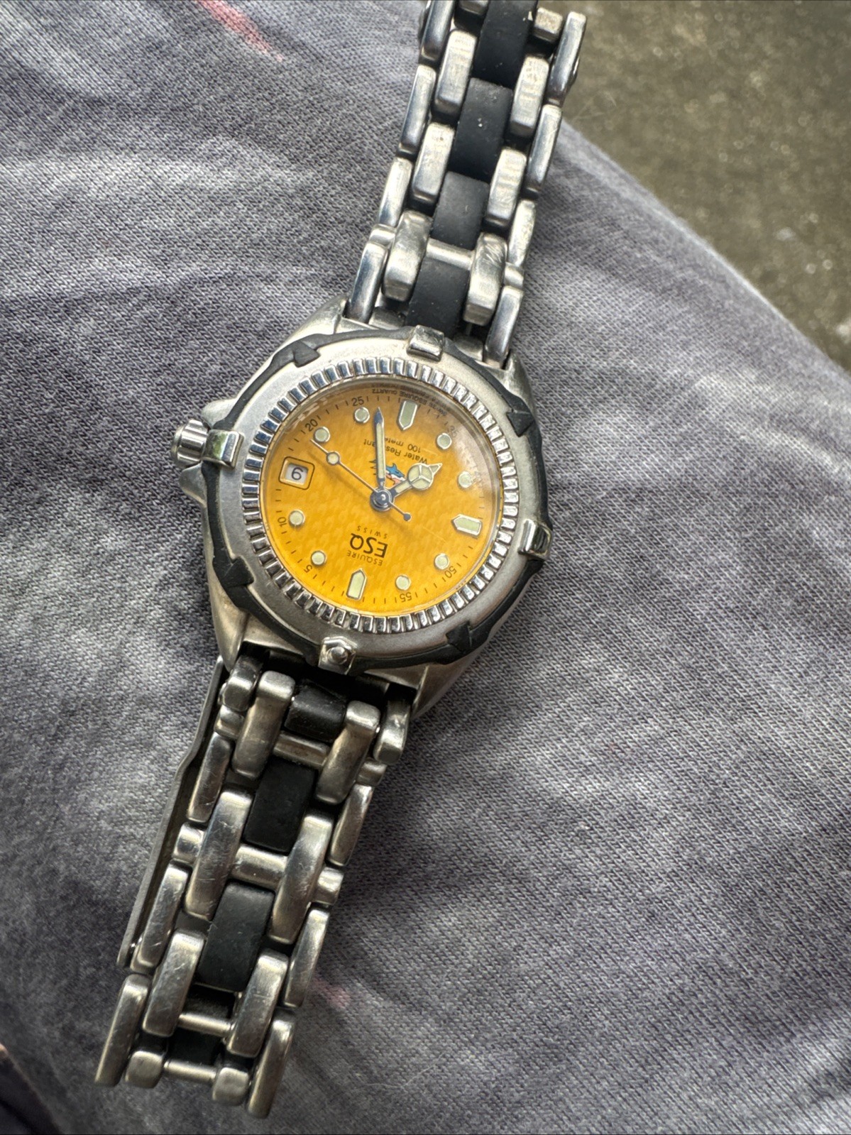 ESQ by Movado Men’s Quartz Sport 100m Yellow Dial Date Silver/Black Bracelet