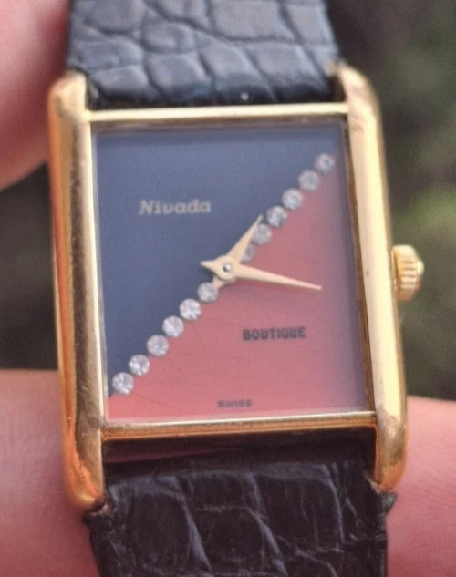 NIVADA Boutique Tank Black & Orange Spider Dial With Gemstones Vintage 1970s