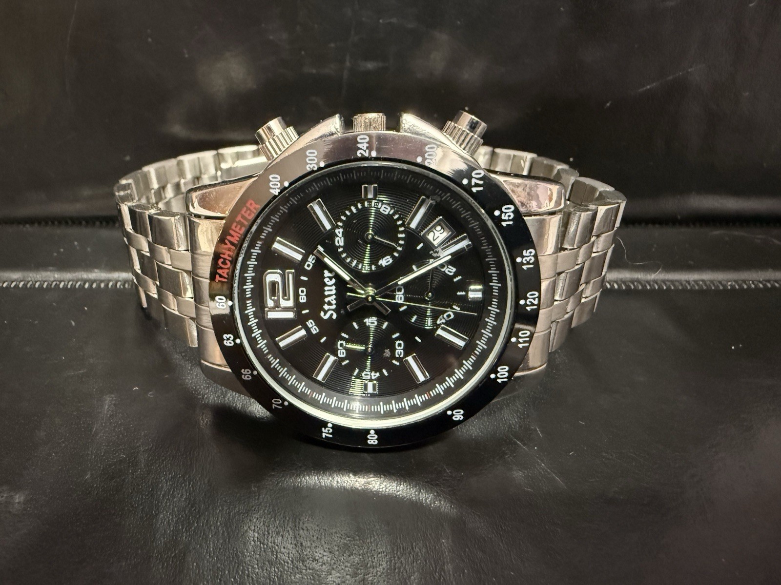 Stauer Chronograph Jet Setter Tachymeter Stainless Steel Watch – New Battery