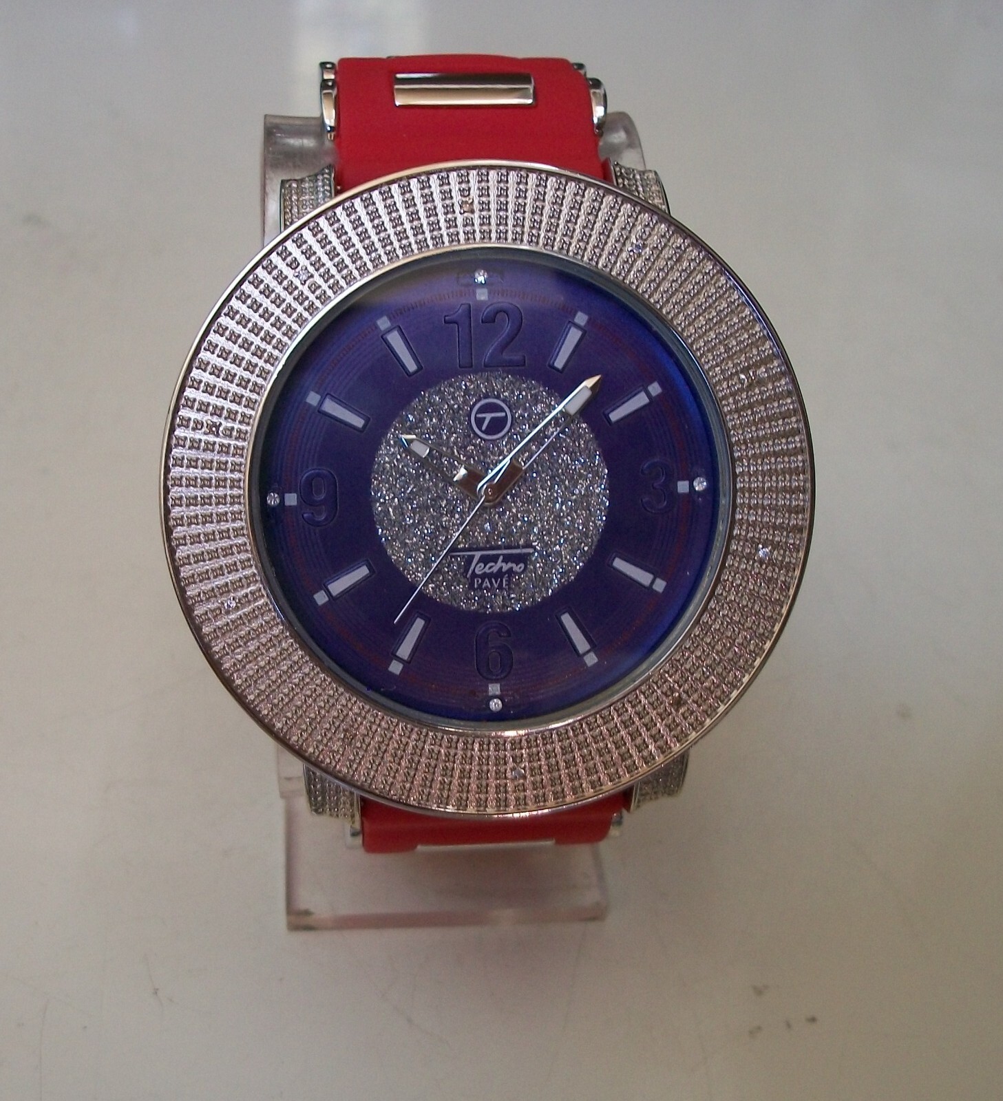Men’s Silver & Blue Dial Red & Silver Silicon Band Fashion Casual Hip Hop Watch