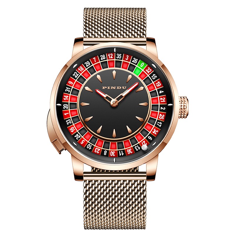 PINDU Men’s Mechanical Watch Roulette Dial Sapphire Glass 46mm Golden Case Luxur