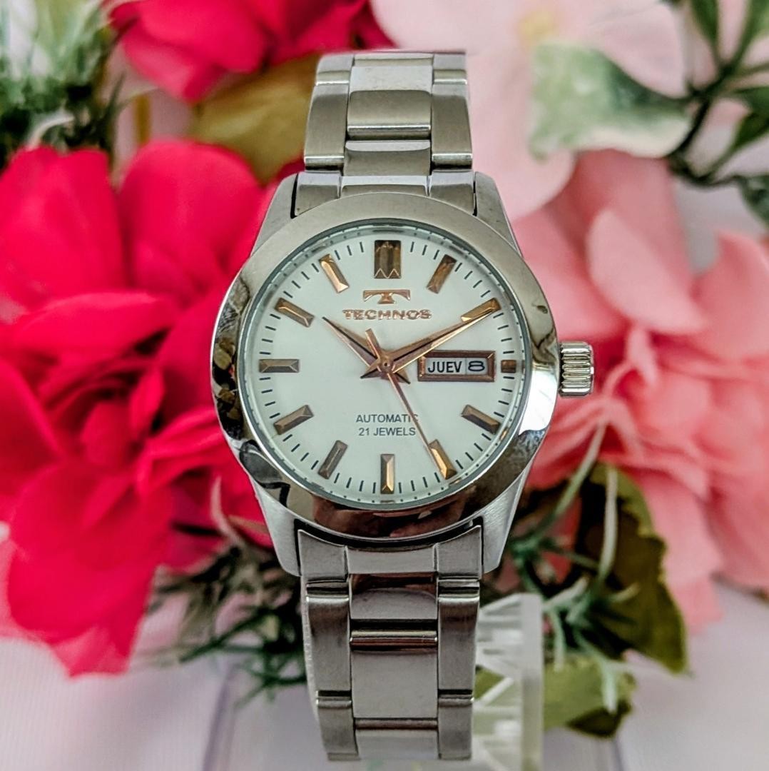 Technos Ladies White Automatic Watch Spanish Day Display Back Japan 073153